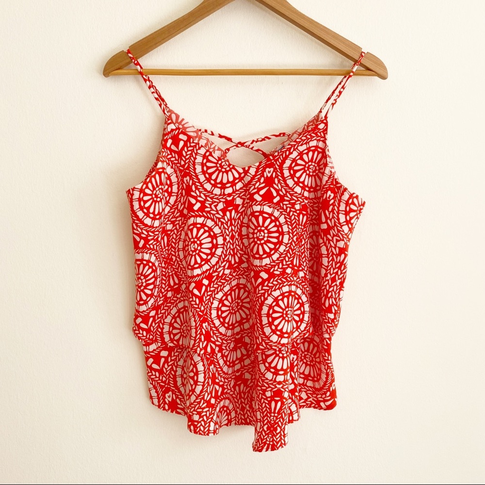 Buttons Geometric Print Sleeveless Spaghetti Strap Tank Top Blouse Red S